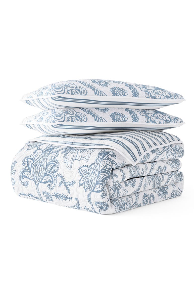 All Season Jacobean 3-Piece Down Alternative Reversible Quilt Set, Main, color, DUSK BLUE