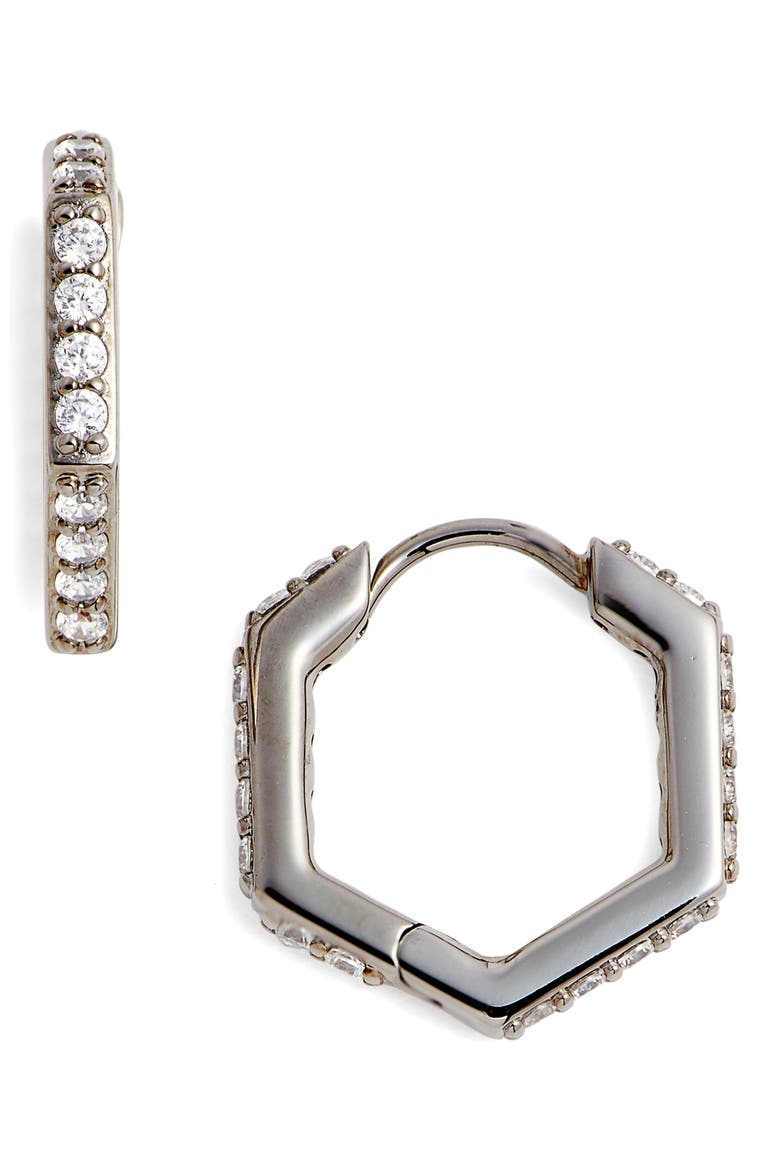 Hexagon Huggie Earrings, Main, color, BLACK