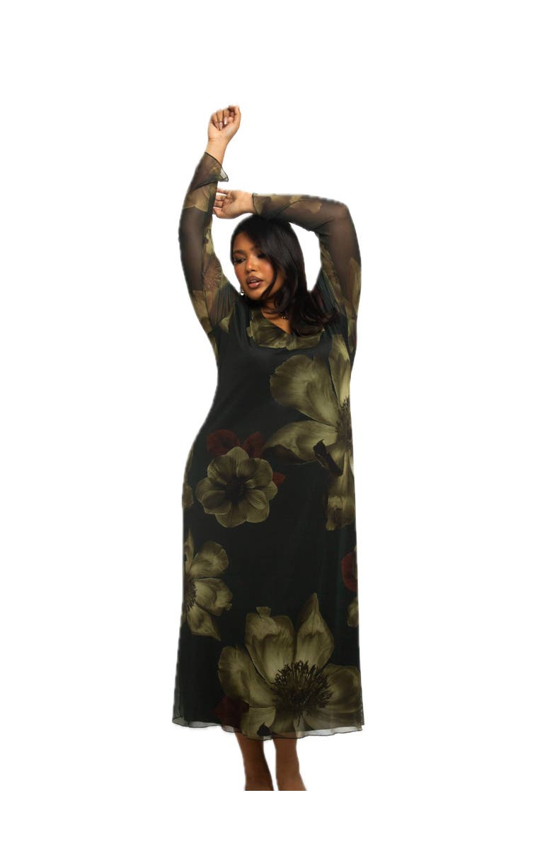 FASHION-SZN CURVE Mesh Floral Print Midaxi Dress, Alternate, color, 