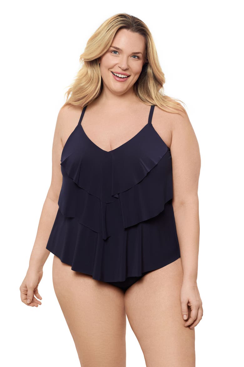 Plus Size Triple Ruffle Tier Adjustable Tankini Swimsuit Top, Alternate, color, True Navy