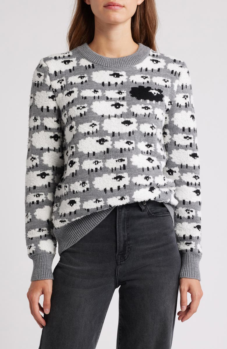 Bobeau Sheep Jacquard Sweater, Main, color, Charcoal/ White