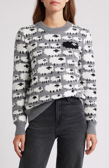 Bobeau Sheep Jacquard Sweater In Gray