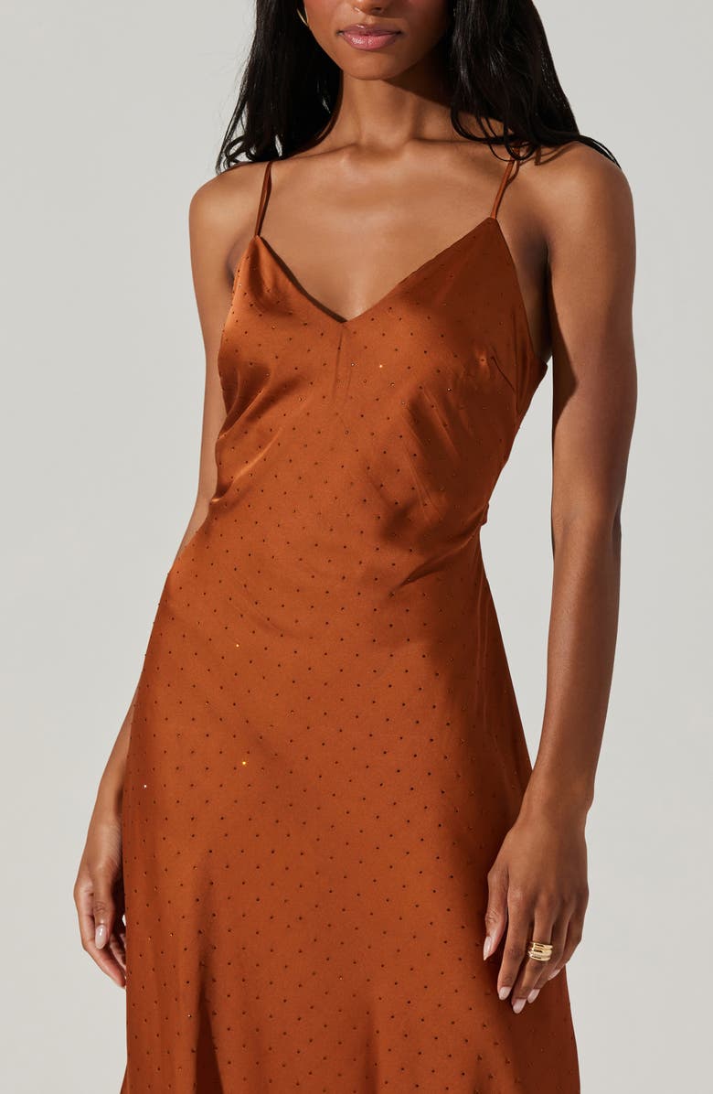 ASTR the Label Bonney Rhinestone Embelished Satin Maxi Dress, Alternate, color, Copper