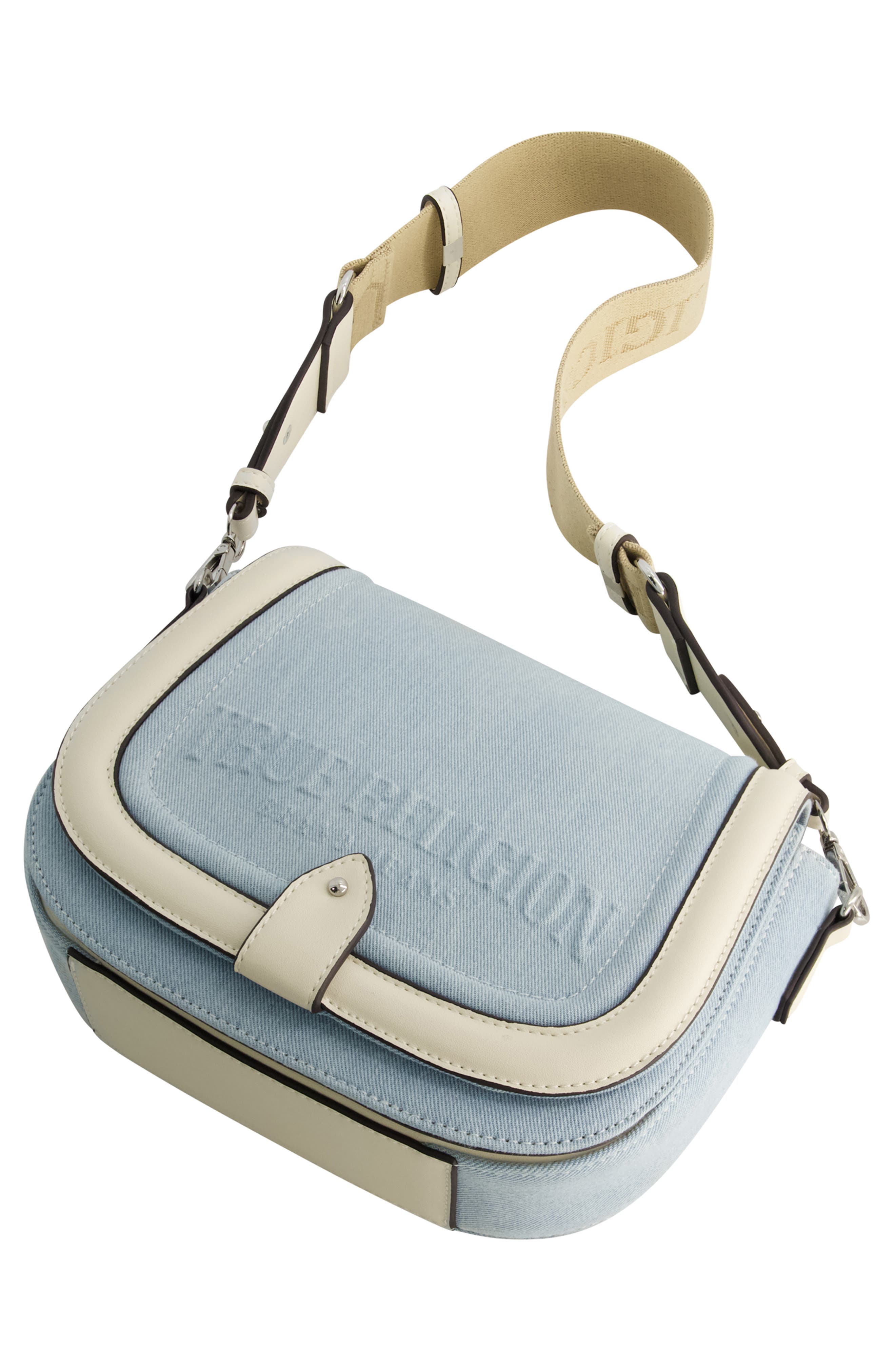 Distressed Logo Denim Saddle Bag, Alternate, color, LIGHT BLUE