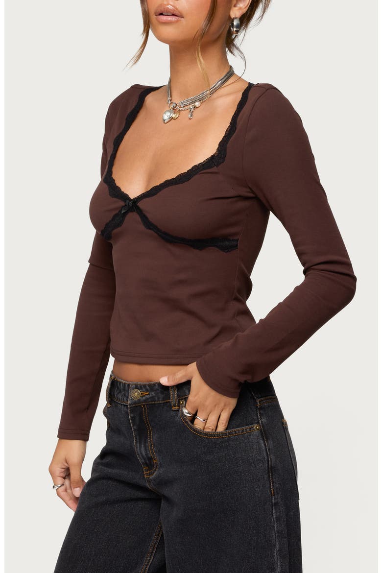 Porta Contrast Lace Crop Top, Alternate, color, BROWN