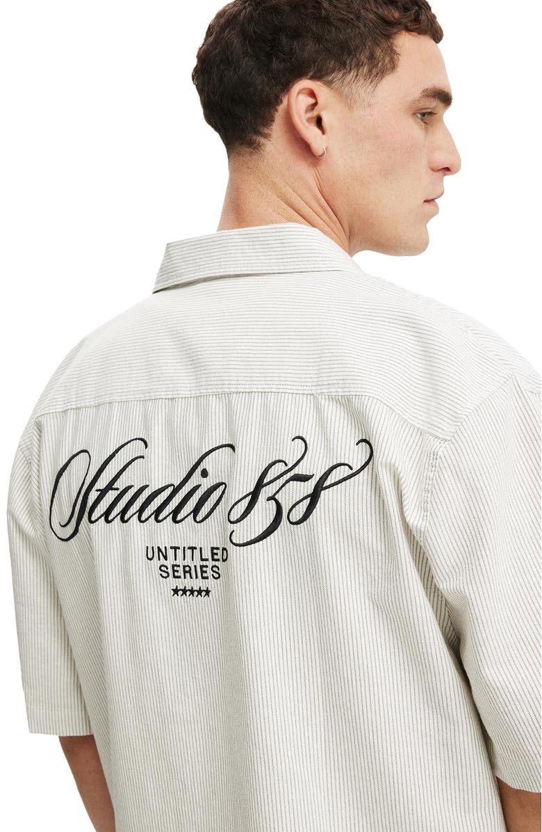 Cotton On Men's Ventura Short Sleeve Shirt, Alternate, color, Off White Stripe Emb