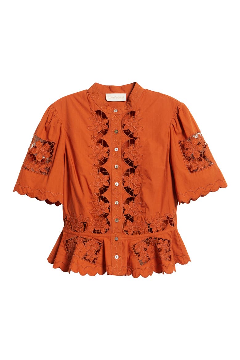 Elizabeth Openwork Lace Short Sleeve Button-Up Shirt, Alternate, color, CINNAMON