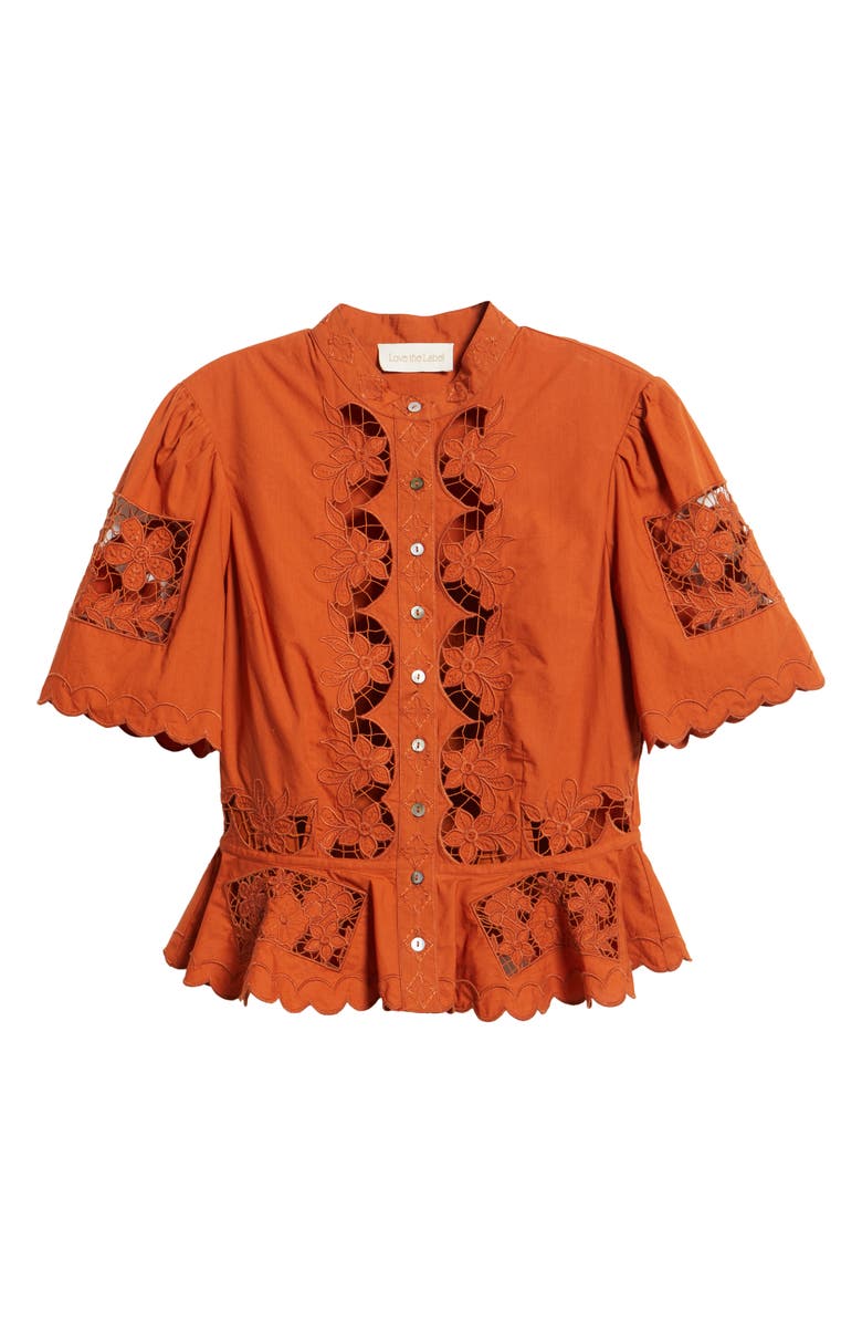LOVE THE LABEL Elizabeth Openwork Lace Short Sleeve Button-Up Shirt, Alternate, color, Cinnamon