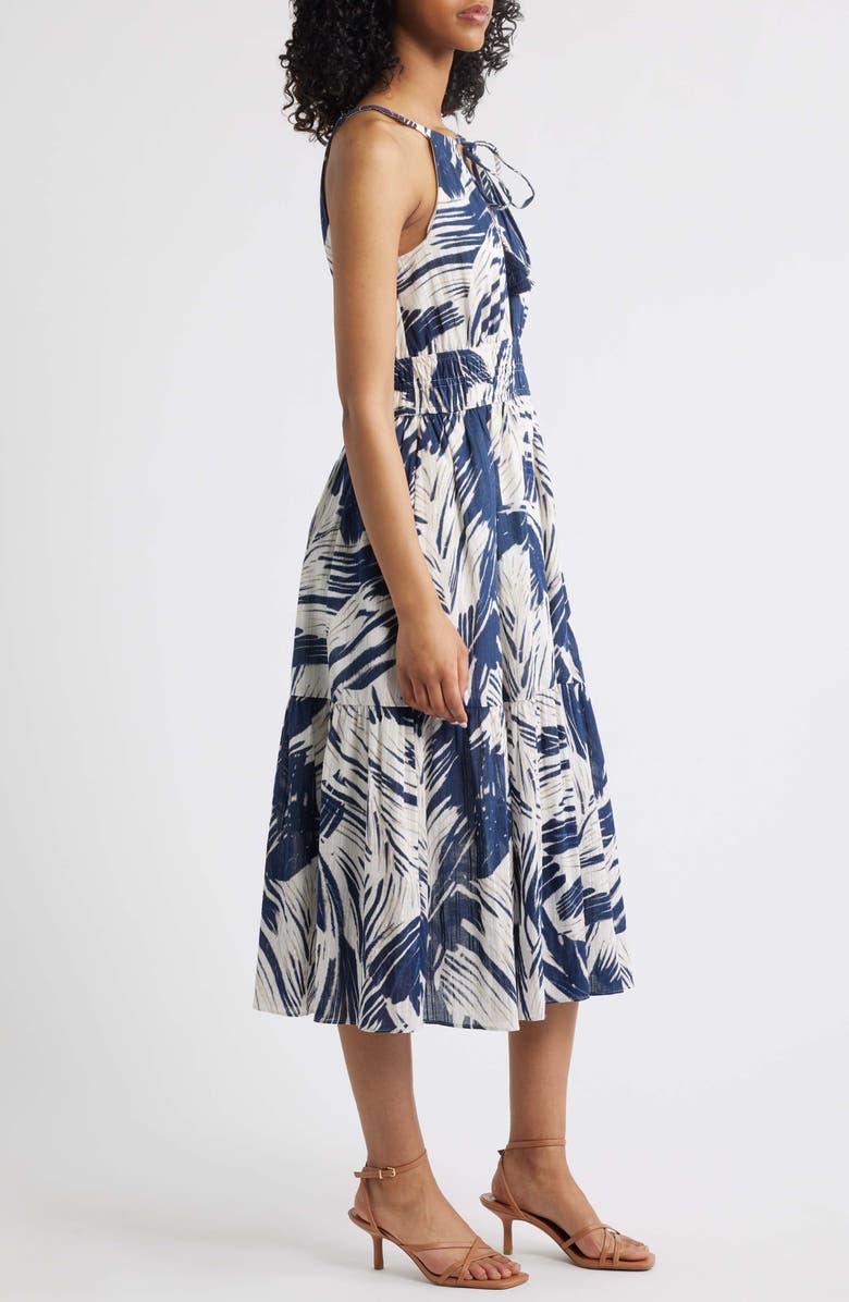 Vince Camuto Leaf Print Cotton Halter Neck Midi Dress, Alternate, color, Navy