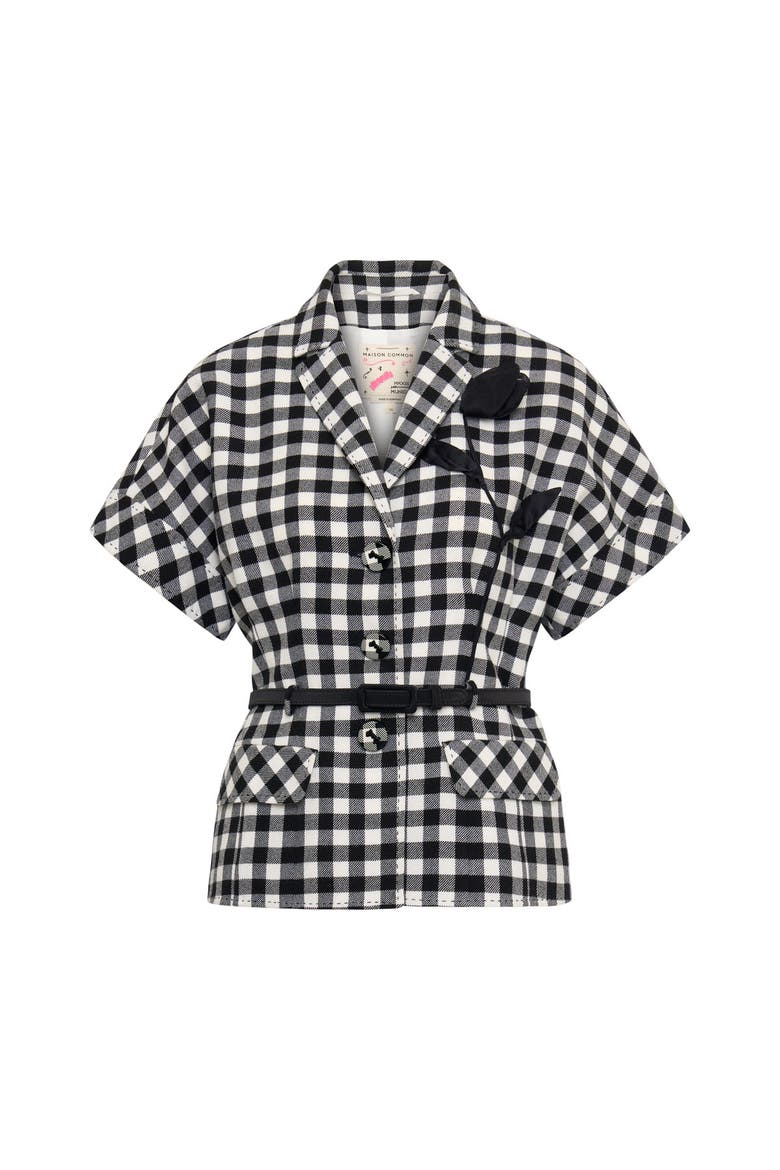 Belted Plaid Vest With Flower Application, Main, color, Black / White