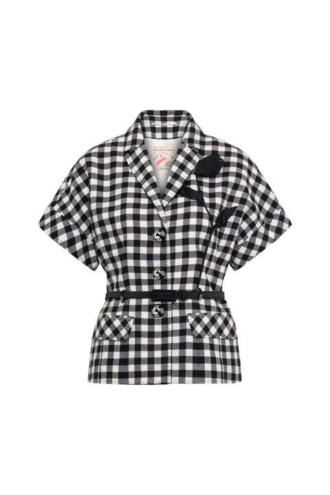 Belted Plaid Vest With Flower Application