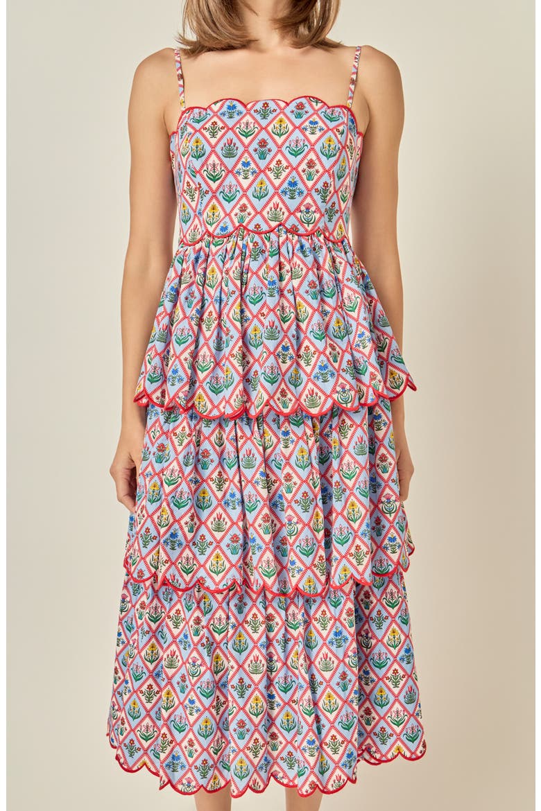 Printed Scallop Tiered Midi Dress, Alternate, color, MULTI