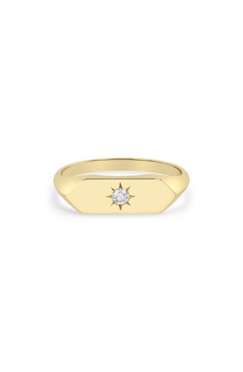 14K Gold Diamond Flag Signet Ring