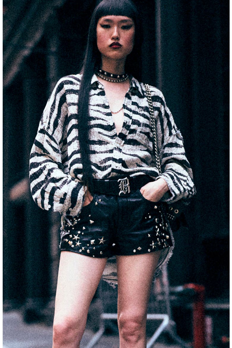 Studded Five-Pocket Leather Shorts, Alternate, color, BLACK WITH STUDS