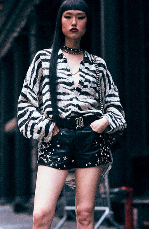 Studded Five-Pocket Leather Shorts