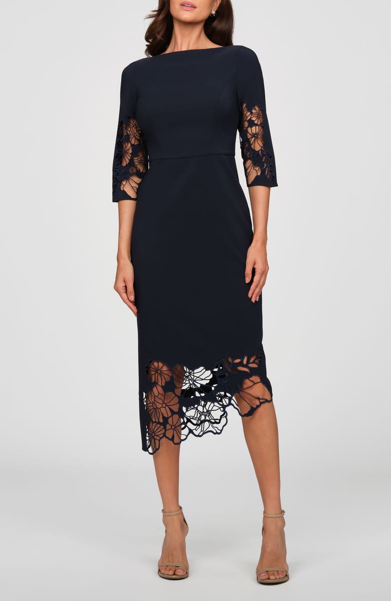 Kay Unger Vanna Lace Sheath Dress, Main, color, Night Sky