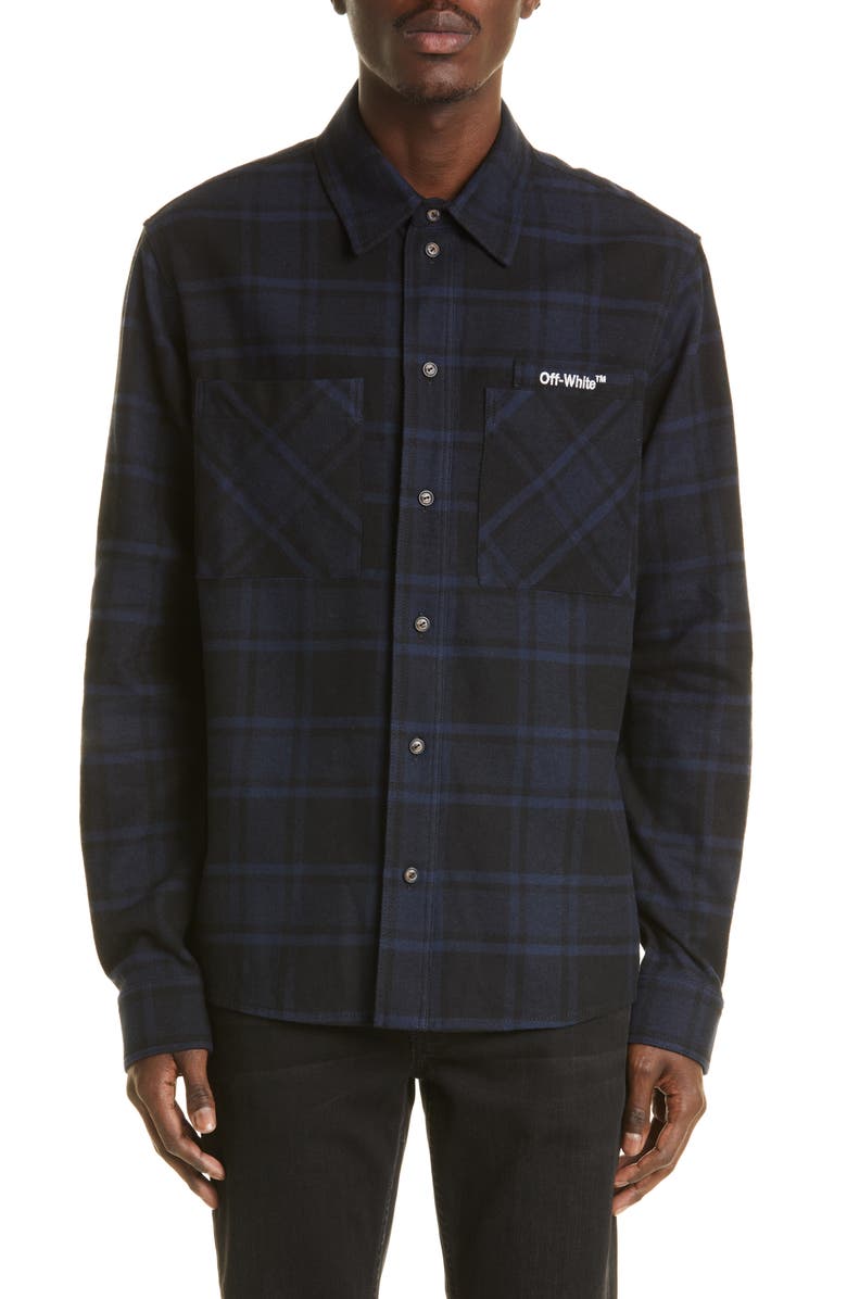 Off-White Logo Arrow Cotton Blend Flannel Button-Up Shirt, Main, color, 
