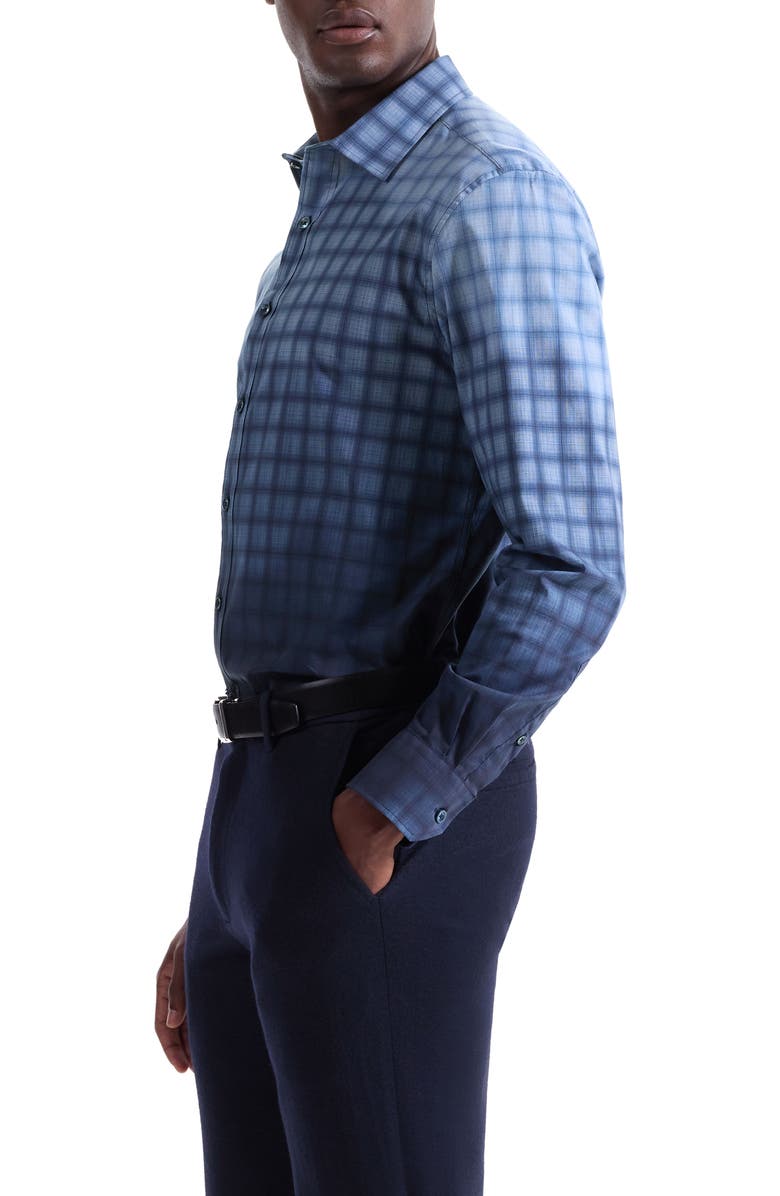 Bugatchi Julian Shaped Fit Gradient Check Stretch Button-Up Shirt, Alternate, color, Cobalt