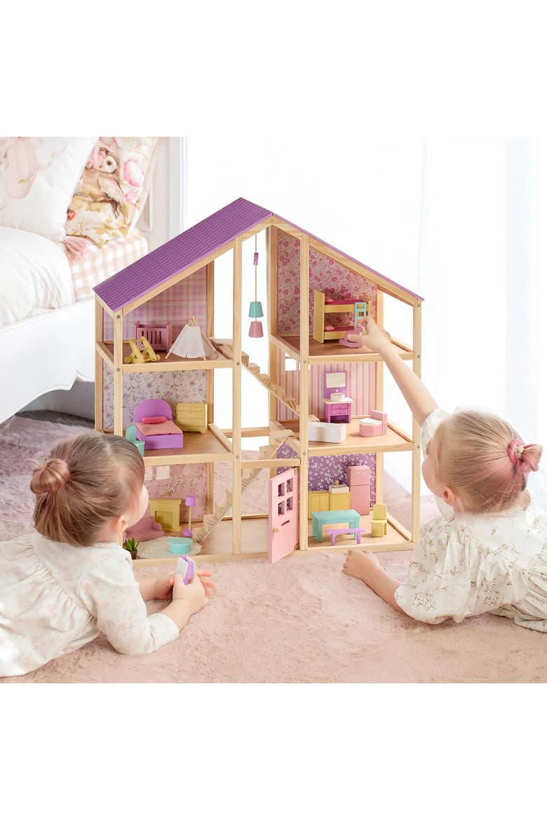 Sweetwood Unicorn Wooden Dollhouse Set with Dolls for Kids, Alternate, color, Multicolor