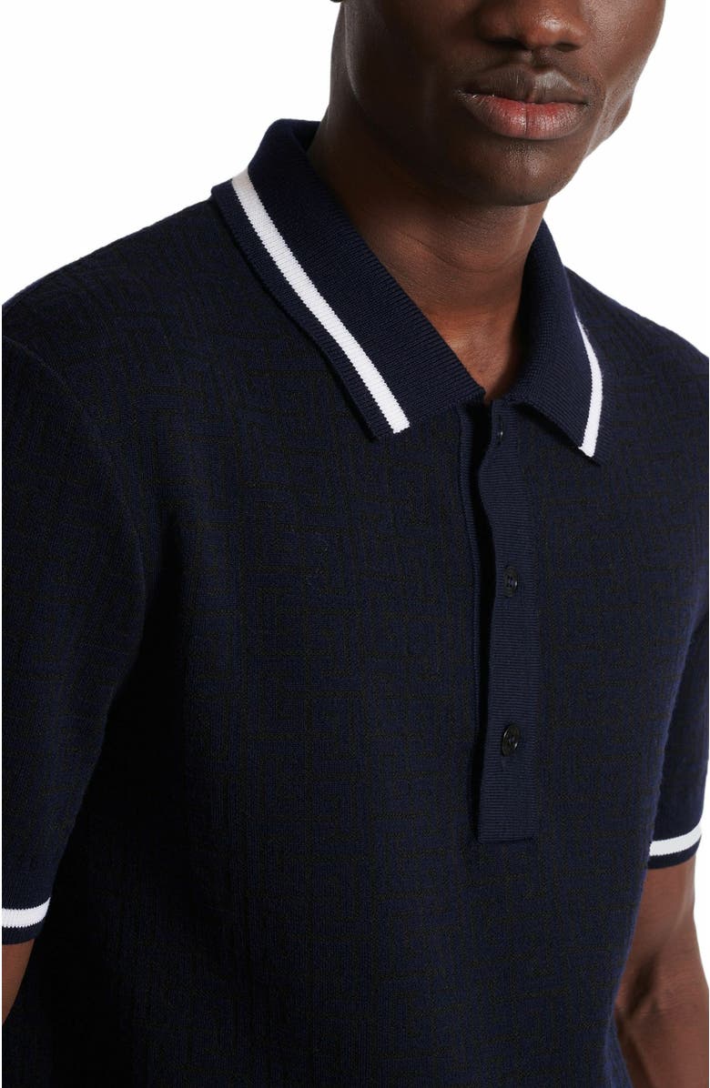 Balmain Monogrammed Merino Wool Polo Shirt, Alternate, color, Navy