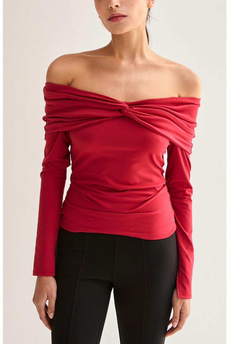 Front Twist Off Shoulder Knit Top, Main, color, Ruby