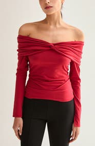 CRESCENT Front Twist Off Shoulder Knit Top