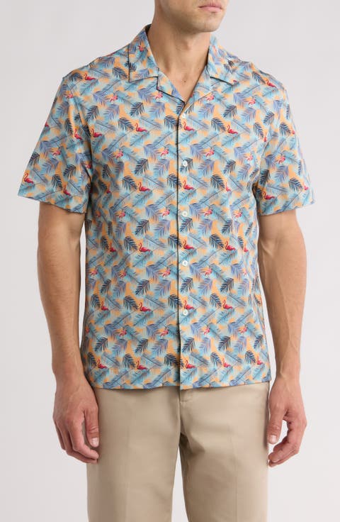 Flamingo Palm Short Sleeve Button-Up Camp Shirt