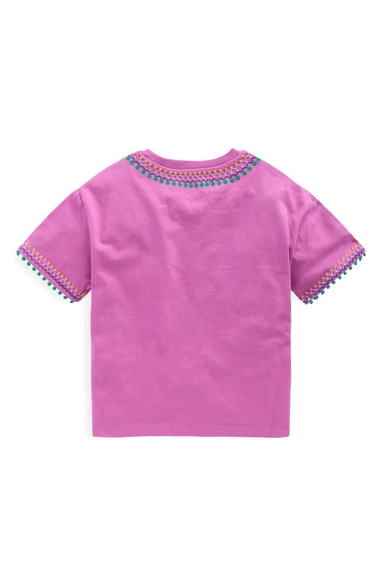 Mini Boden Kids' Embroidered Pom Trim T-Shirt, Alternate, color, Radiant Orchid
