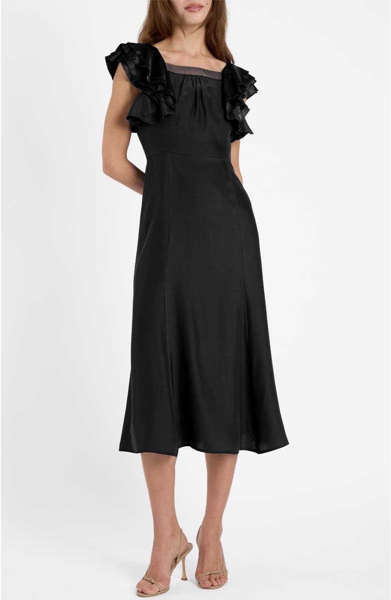 Santorelli Yeda Fit and Flare Midi Dress in Silk Crepe de Chine, Alternate, color, Black