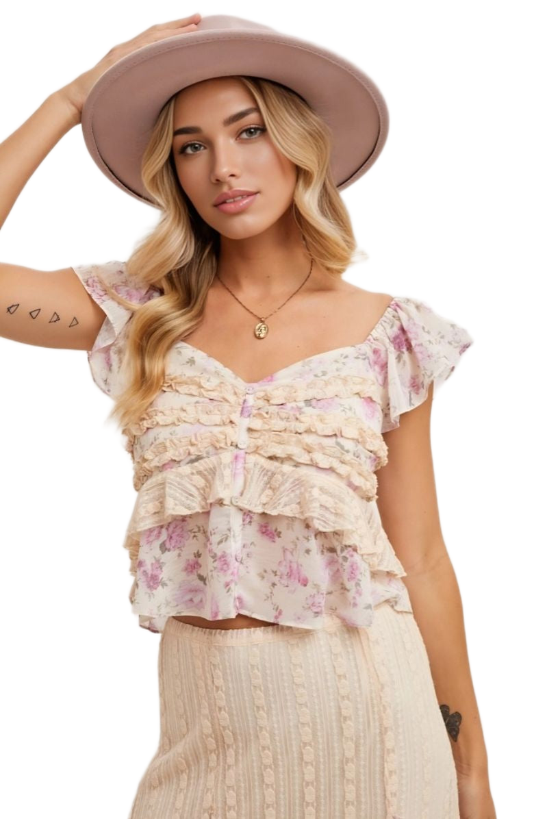 Knit and Lounge Floral Ruffle Cap Sleeve Sweetheart Top, Alternate, color, Soft Pink Beige Blush Floral