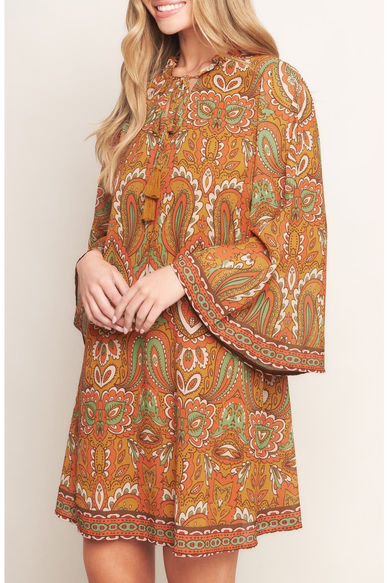 Print Long Sleeve Minidress, Alternate, color, CAMEL