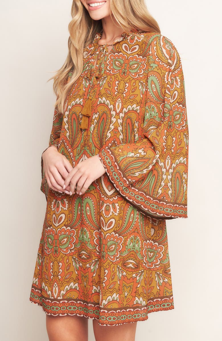 FLYING TOMATO Print Long Sleeve Minidress, Alternate, color, Camel