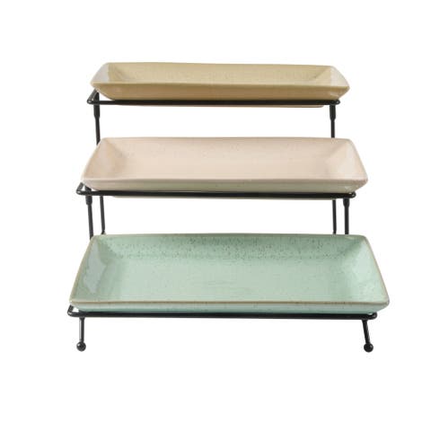 3 Tier Reactive Stoneware Serving Platter Set  Multi-Color
