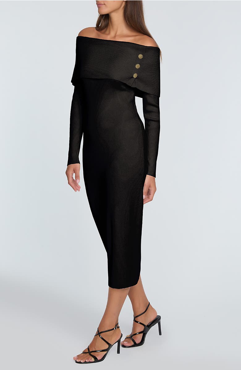 Elie Tahari The Imani Off the Shoulder Long Sleeve Midi Sweater Dress, Alternate, color, Noir