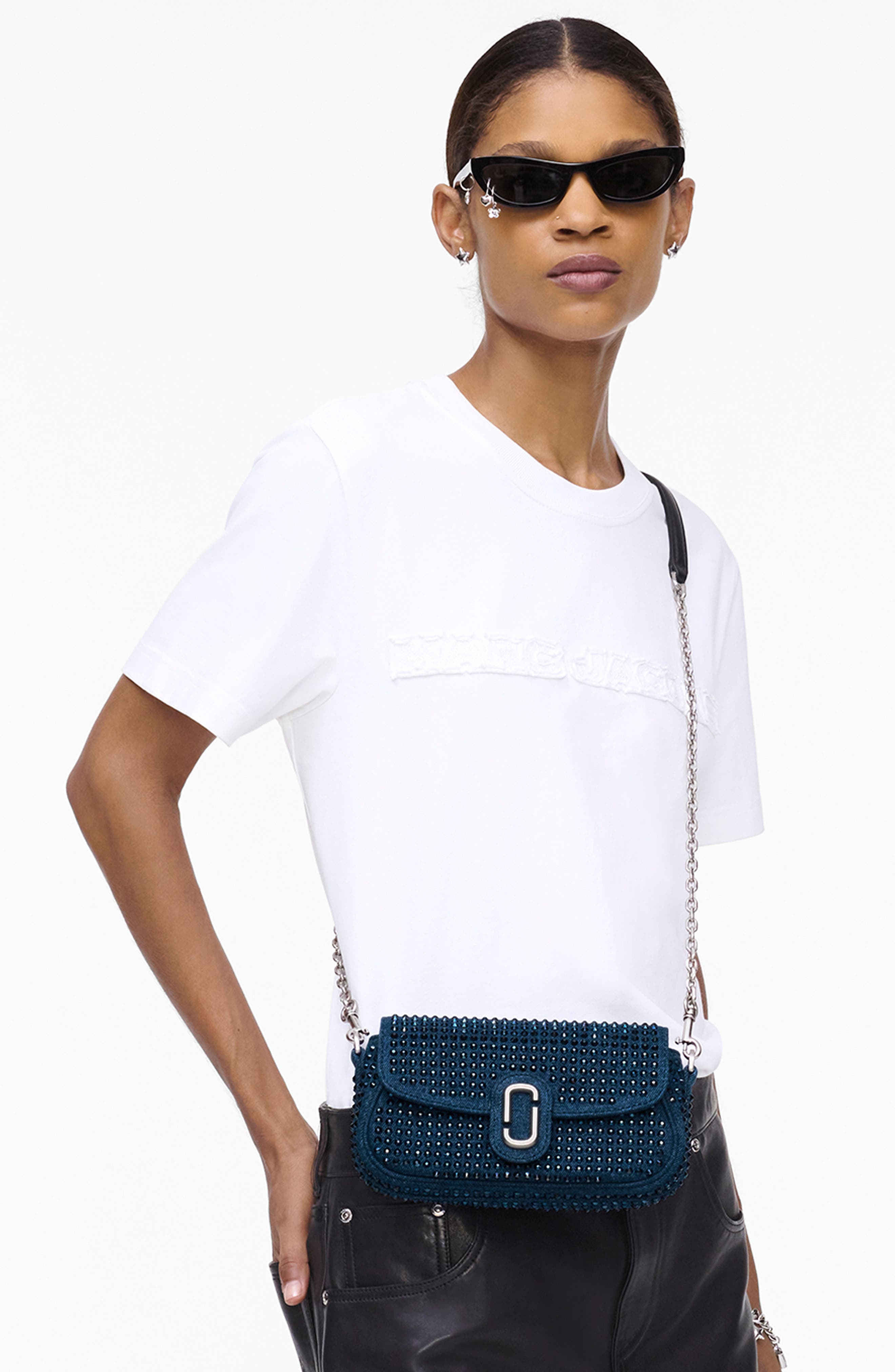 Marc Jacobs The Clover Crystal Embellished Denim Shoulder Bag, Alternate, color, 