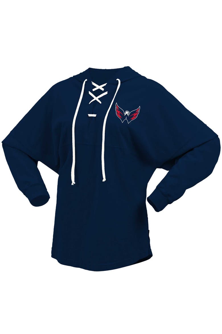 Women's Fanatics Navy Washington Capitals Jersey Lace-Up V-Neck Long Sleeve Hoodie T-Shirt, Alternate, color, Navy