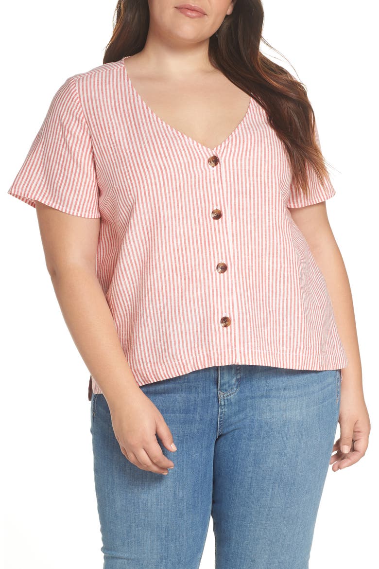 Button Front Linen Blend Top, Alternate, color, RED HIBISCUS MARA STRIPE