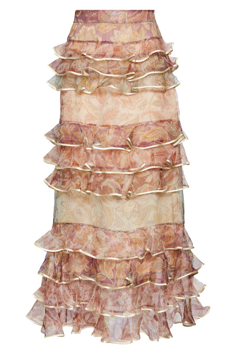 Lucky Paisley Tiered Ruffle Silk Skirt, Alternate, color, SPLICED JACOBEAN