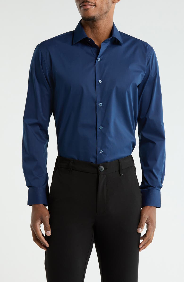 DKNY Navy Solid Stretch Dress Shirt, Main, color, Dkny Navy