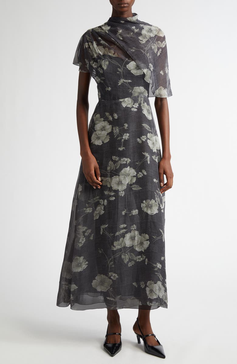 Lela Rose Floral Print Glen Plaid Chiffon Draped A-Line Dress
