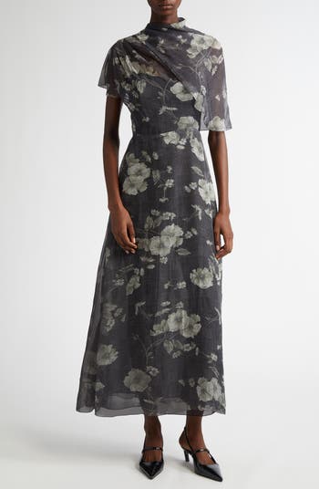 Lela Rose Floral Print Glen Plaid Chiffon Draped A-Line Dress