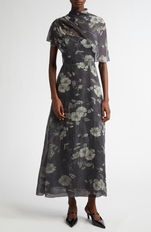 Lela Rose Floral Print Glen Plaid Chiffon Draped A-line Dress In Ivory Multi