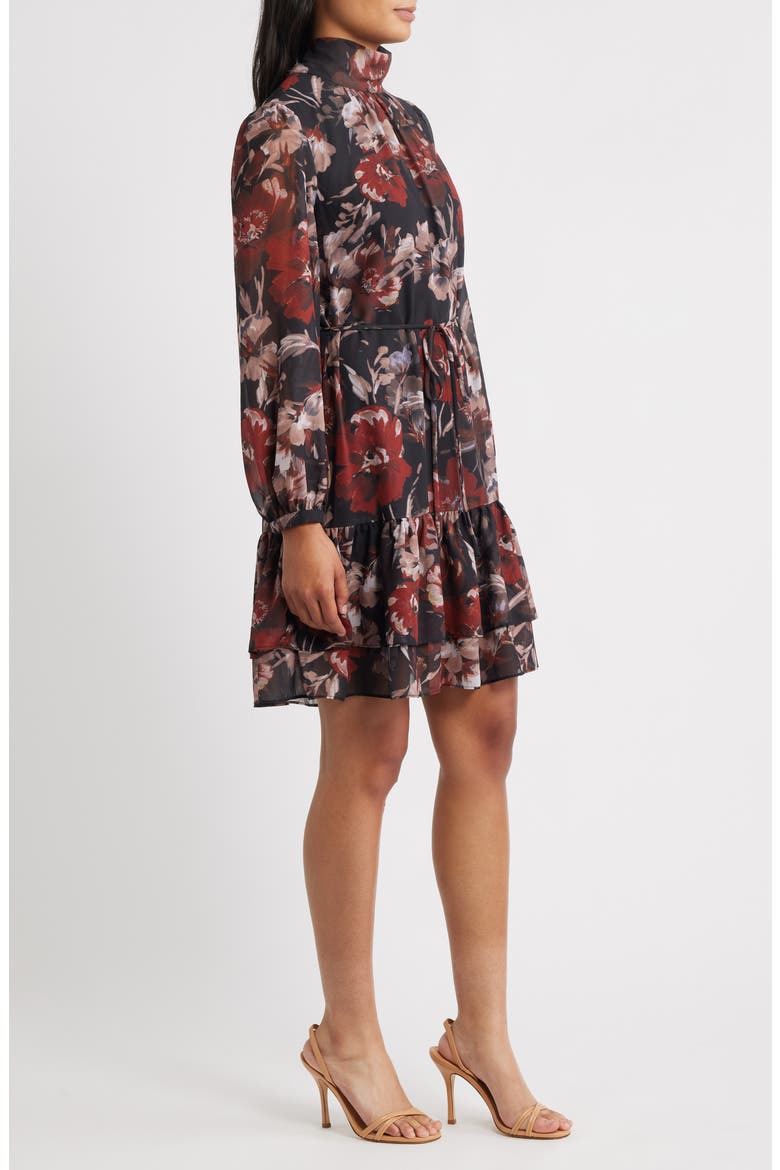 Long Sleeve Mock Neck Floral Dress, Alternate, color, BLACK MULTI