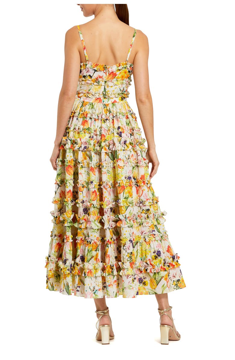 Mac Duggal Floral Print Ruffle Tiered Midi Dress, Alternate, color, Yellow Multi