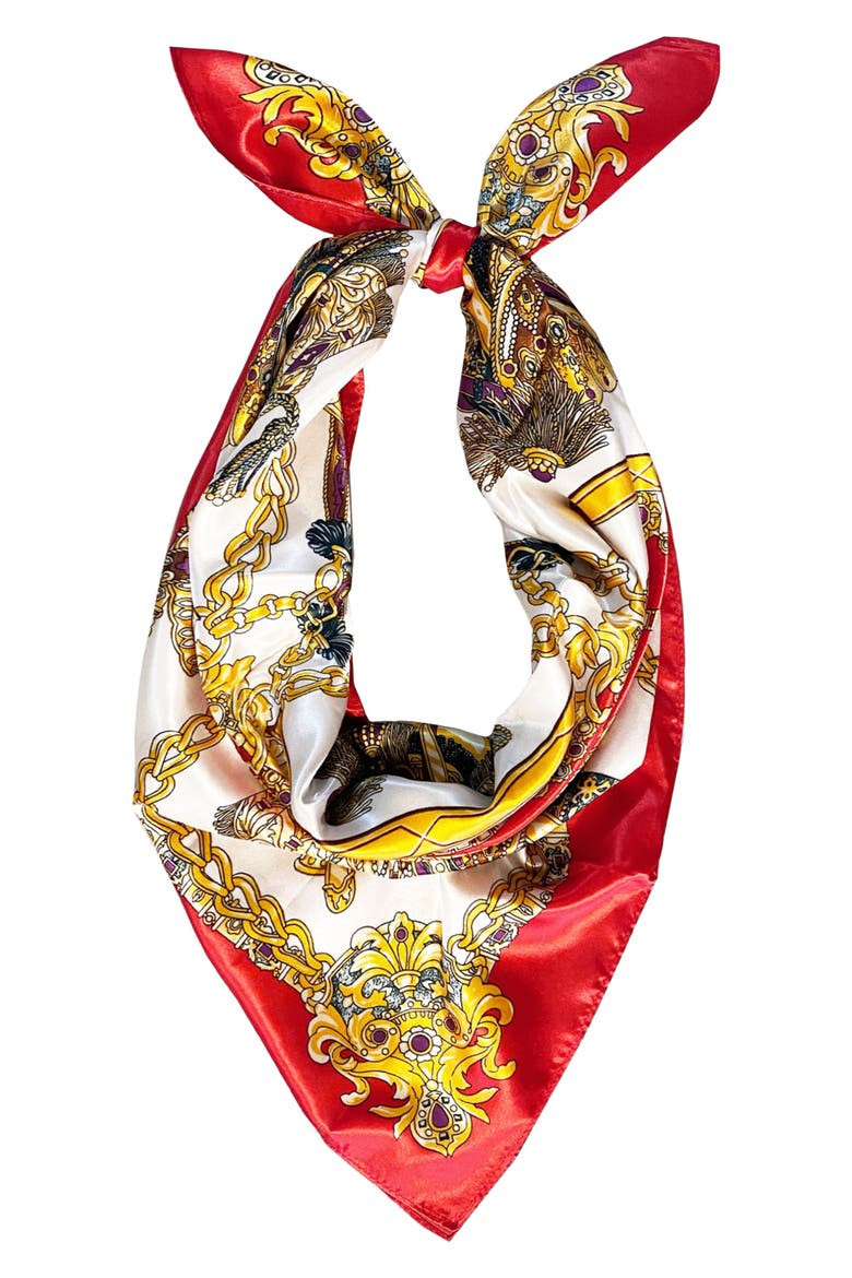 Chain Print Square Scarf, Alternate, color, RED/ GOLD