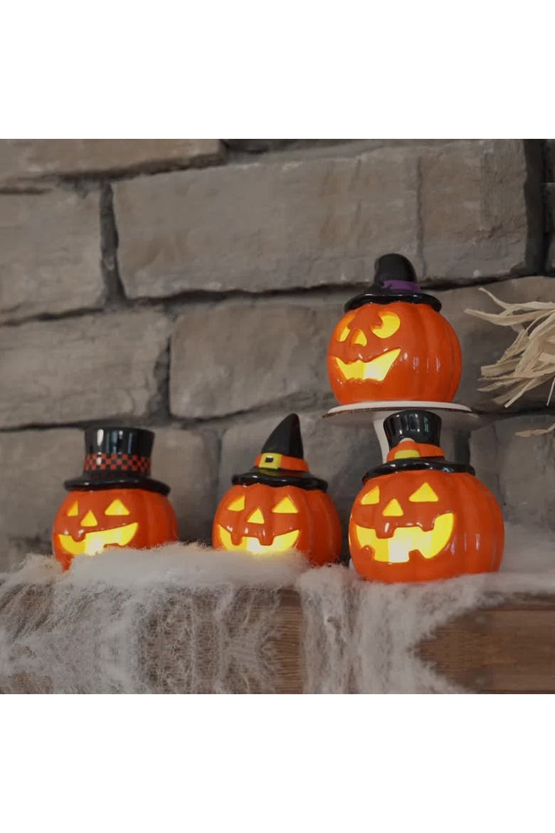 Set of 4 Mini Ceramic Jack-O-Lanterns, Alternate, color, Multicolor