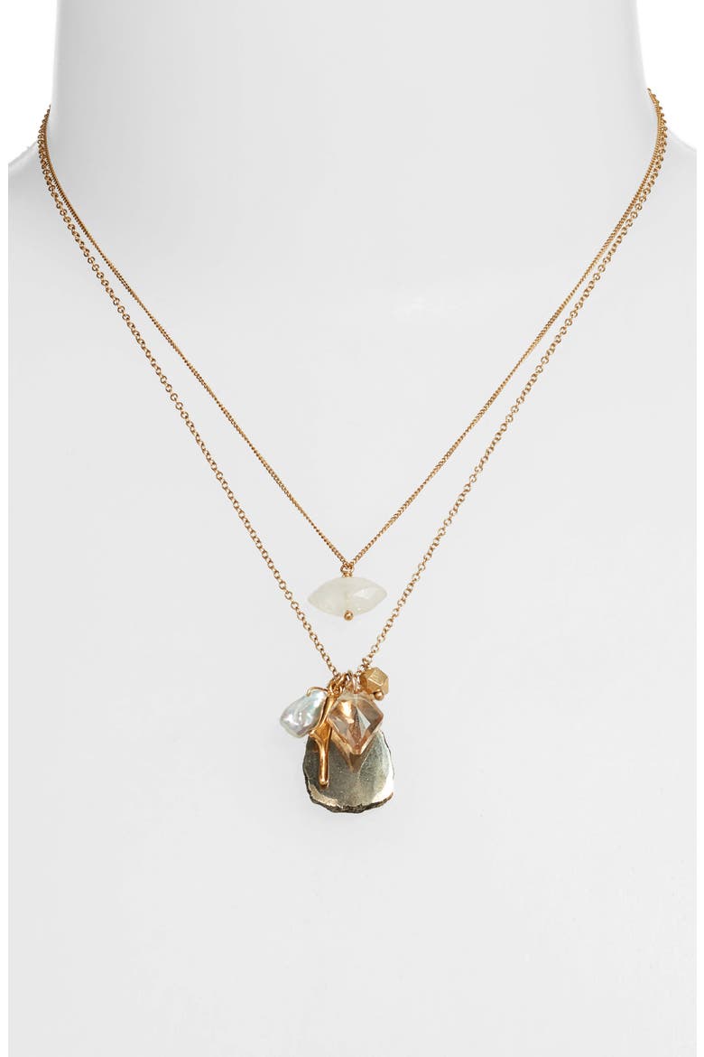 Double Layer Pyrite & Cultured Pearl Pendant Necklace, Alternate, color, PYRITE