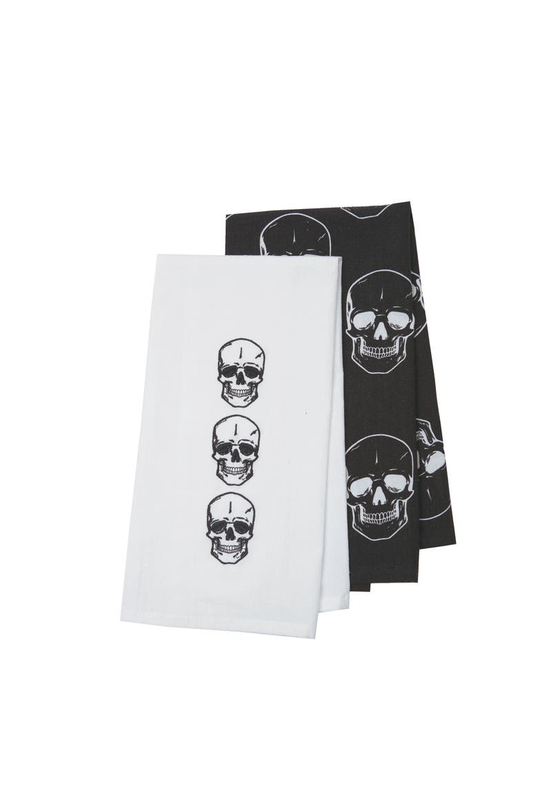 Skully Black & White Halloween Dishtowel Set of 2, Alternate, color, Black