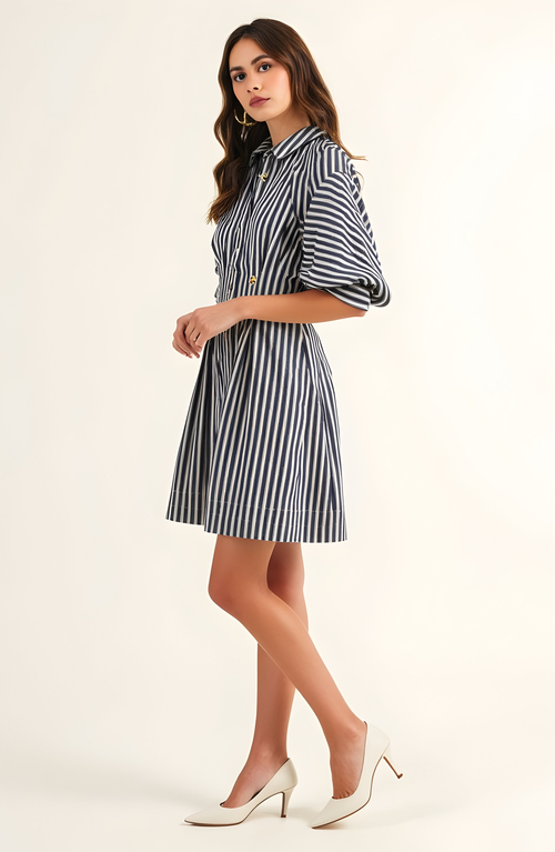 Modenaire Striped Puff Sleeve Tailored Shirt Dress In Black