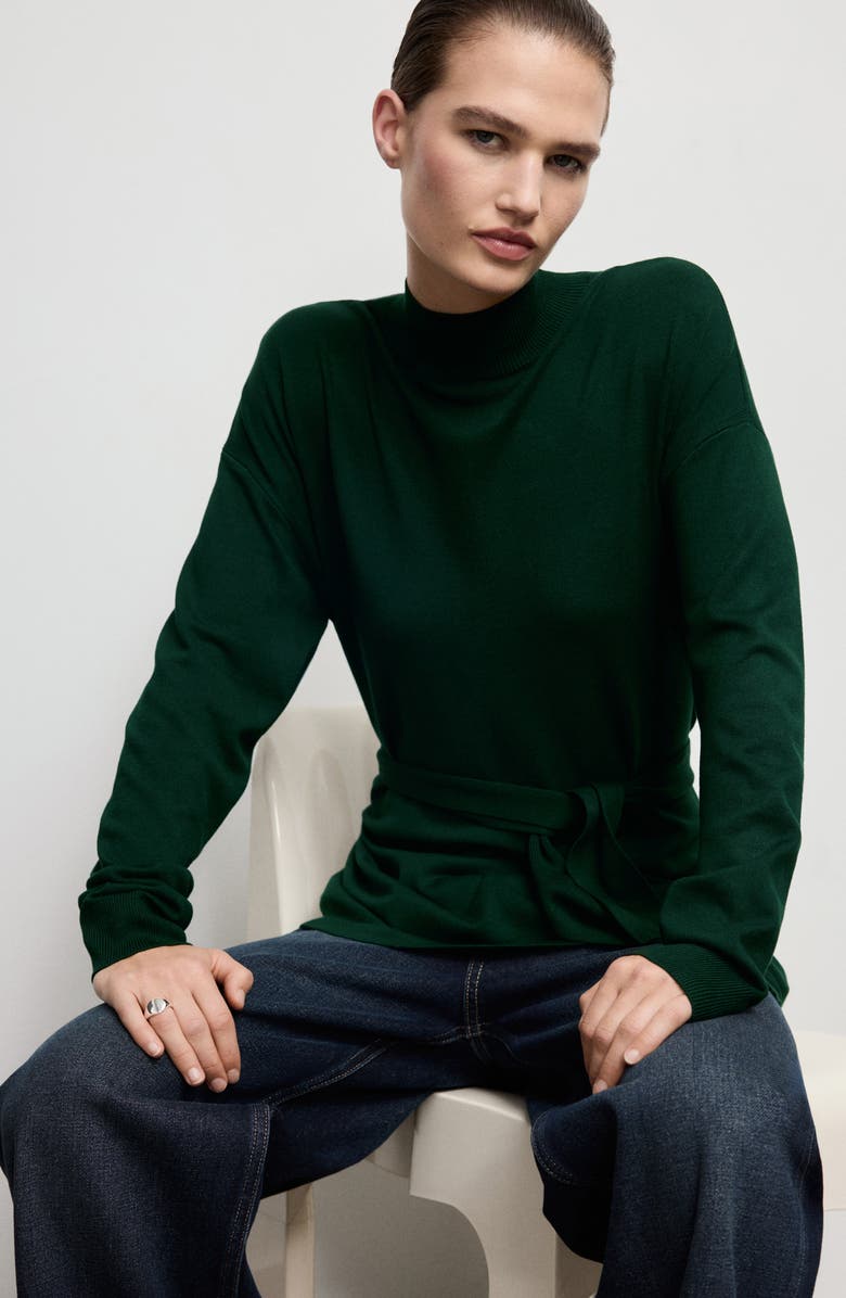 MANGO Tie Waist Mock Neck Sweater, Alternate, color, Dark Green